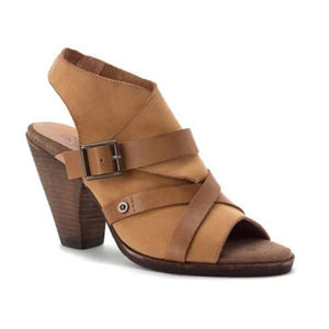 OTBT Women's Delhi Suede Leather Strappy Cone Heels Sandal Tan Size 7.5